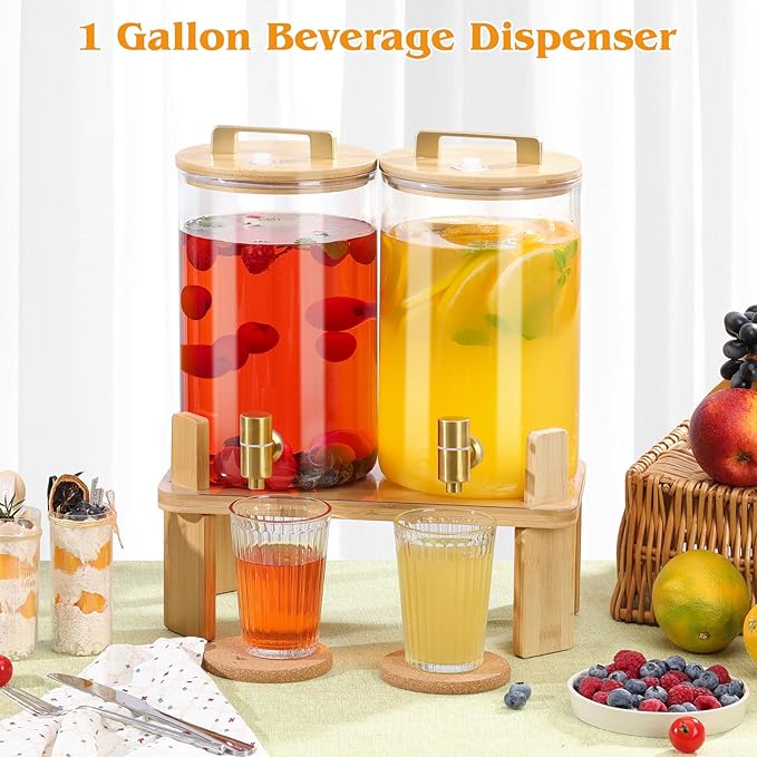 1 Gallon 2 PCS Glass Beverage Dispenser, Drink Dispensers for Parties, Lemonade Dispenser with Airtight Valve and Stainless Steel Spigot for Party,Lemonade,Juice, Tea