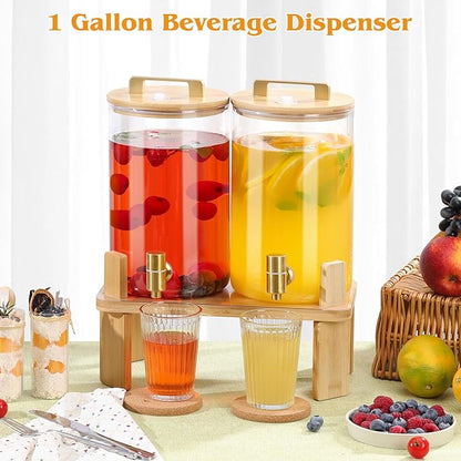 1 Gallon 2 PCS Glass Beverage Dispenser, Drink Dispensers for Parties, Lemonade Dispenser with Airtight Valve and Stainless Steel Spigot for Party,Lemonade,Juice, Tea