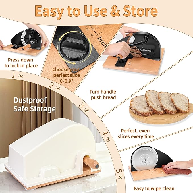 CAWIU Upgraded Manual Bread Slicer for Homemade Sourdough Bread - Adjustable Thickness Bread Cutter with Hand Crank, Suction Cups, Slicing Guide, Scale Line & Cover, for Perfect Even Slices (Black)
