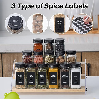 24 Glass Spice Jars with 576 Labels-Spice Jars with Black Metal Caps, 4oz Empty Square Spice Containers with Shaker Lids, Funnel, Pen, Seasoning Bottles for Spice Rack, Drawer, Cabinet - Image 3
