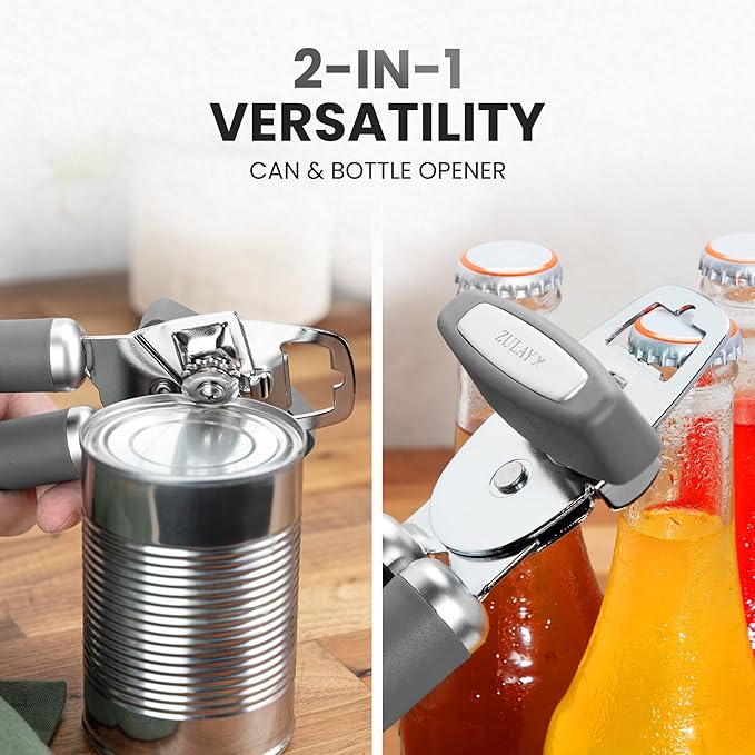 Zulay Kitchen Heavy Duty Stainless Steel Can Opener Manual with Bottle Opener - Rust Proof Manual Can Opener With Turn Knob & Comfy Soft Grip Handles - Light Gray - Image 7