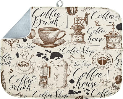 Sanwarm Absorbent Dish Drying Mat, Coffee House Microfiber Pad for Kitchen Counter, Coffee Bar Decor, Heat Resistant and Reversible, 18" x 24"
