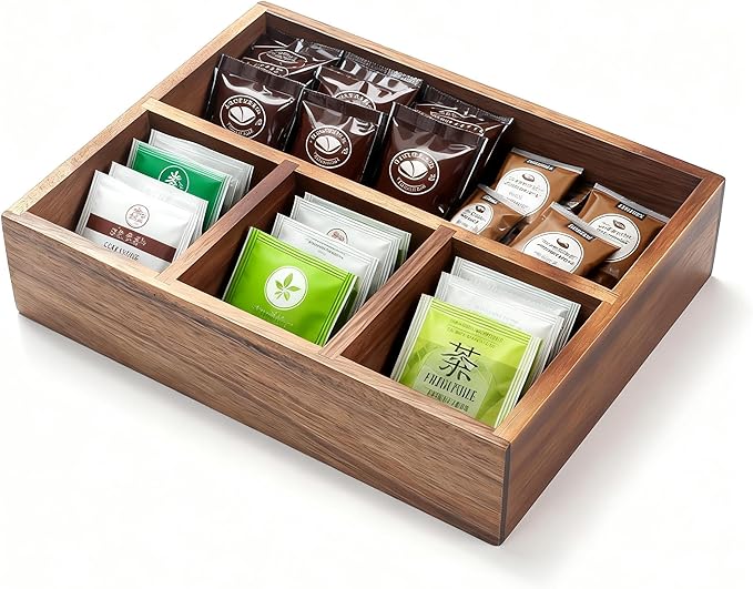 XIMISISE Tea Bag Holder, Acacia Wood Tea Bag Storage Organizer, Tea Candy Basket, Sugar Packet Organizer, Coffee Station Condiment Organizer