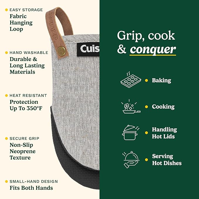 Cuisinart Heritage Mini Oven Mitts – 5.5” x 7” Heat-Resistant Kitchen Mitts for Oven with Non-Slip Neoprene Palm, Cotton Filling, and Faux Leather Loop – Durable Oven Mitt Set for Cooking & Baking - Image 5