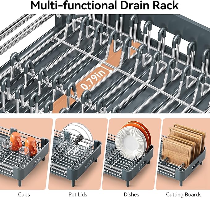 Urackify Stainless Steel Dish Drying Rack - Dish Drainer for Kitchen Counter, Extendable Drainboard with Foldable, Space-Saving Cup & Bowl Organizer, Includes Knife and Utensil Holder, Matte-Green - Image 5