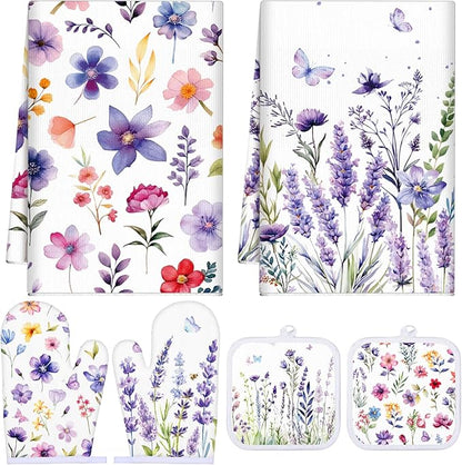 Spring Lavender Oven Mitts and Pot Holders Kitchen Dish Towels Set Purple Flower Spring Kitchen Towels and Dishcloths for Baking Cooking Women BBQ Grilling Hand Dish Gifts