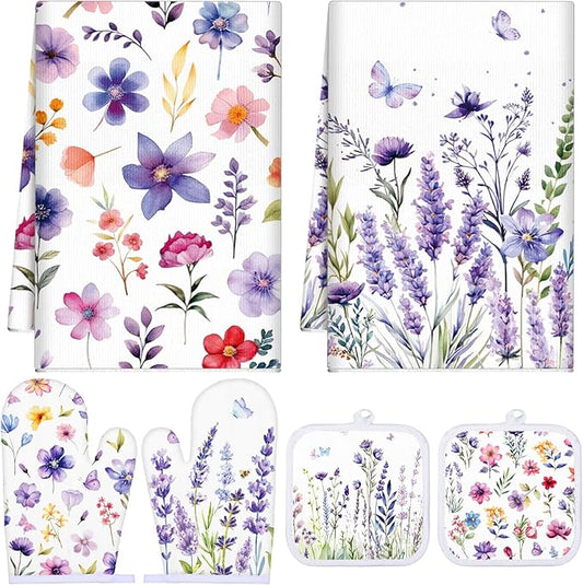 Spring Lavender Oven Mitts and Pot Holders Kitchen Dish Towels Set Purple Flower Spring Kitchen Towels and Dishcloths for Baking Cooking Women BBQ Grilling Hand Dish Gifts