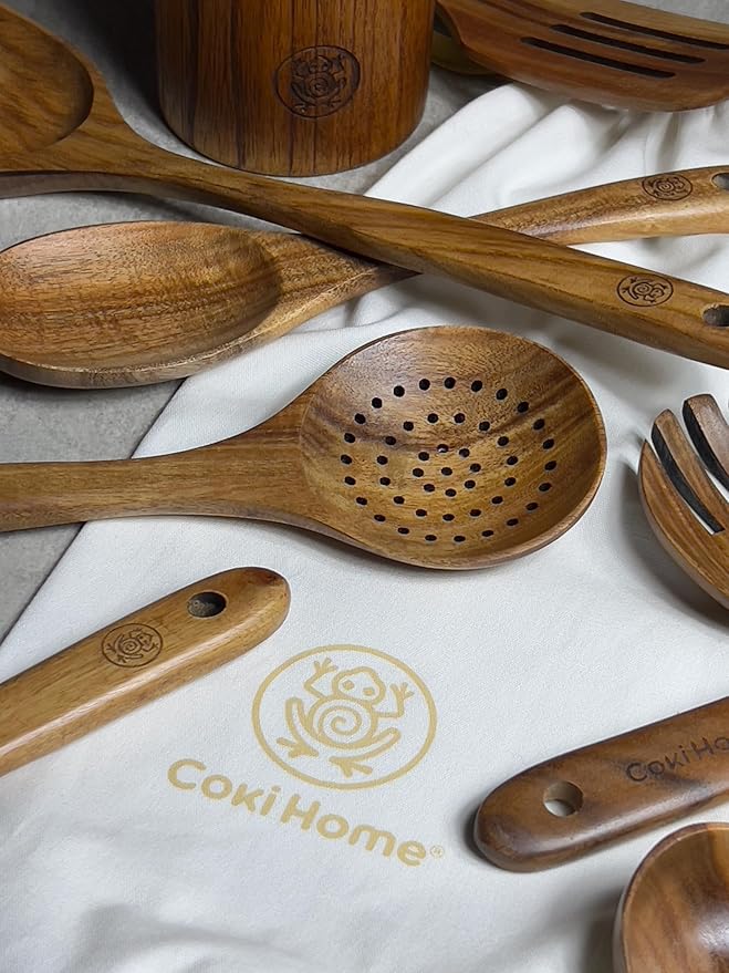 Wooden Cooking Utensils Set – Coki Home 9-Piece Teak Wood Kitchen Utensils with Holder, Nonstick Safe, Plastic-Free, Food-Safe Cooking Tools