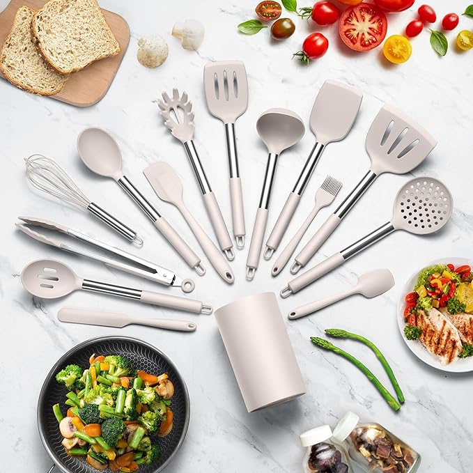 LIANYU 15 Pcs Kitchen Cooking Utensils Set with Holder, Silicone Kitchen Tools with Stainless Steel Handle, Heat Resistant Gadgets, Brush Spatula Spoon Whisk for Cookware, Dishwasher Safe, Khaki - Image 6