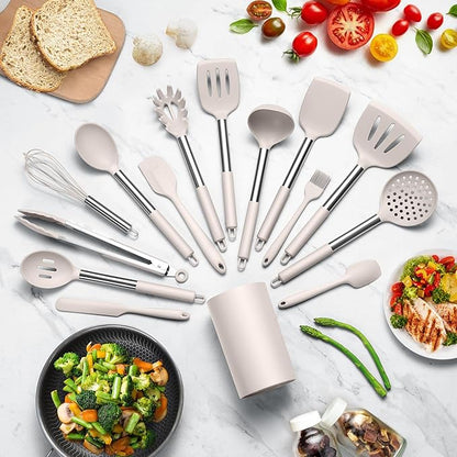 LIANYU 15 Pcs Kitchen Cooking Utensils Set with Holder, Silicone Kitchen Tools with Stainless Steel Handle, Heat Resistant Gadgets, Brush Spatula Spoon Whisk for Cookware, Dishwasher Safe, Khaki - Image 6