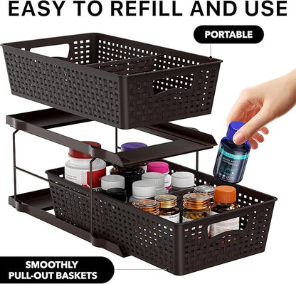 Simple Houseware 2 Tier Bathroom Organizer Tray Pull-Out Sliding Drawer, Under Sink Storage, Brown - Image 3