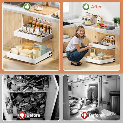 2 Pack Pull out Cabinet Organizer, Width (12"-19") Depth (17"-23"), with 3 Rails Adjustable Slide, Expandable Pullout Drawers for Cabinets, No Drill Adhesive Kitchen Drawers for Pantry Shelves - Image 7