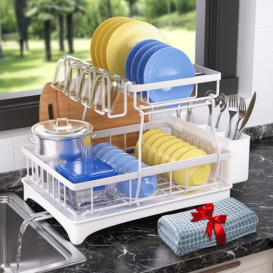 Godboat Dish Drying Rack, 2-Tier Dish Rack with Auto-Drain & Mat, Dish Racks for Kitchen Counter, Dish Drainer with Knife, Fork & Cup Rack, Gifts for Women, Mothers Day, Kitchen Gadgets, White by Godboat