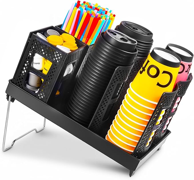 Cup and Lid Holder, Disposable Paper Cup Dispenser with Coffee Pod Straw Storage Basket, 6-Compartment Countertop Coffee Cup Holder for Coffee Stations, Break Rooms, Living Rooms (Black)