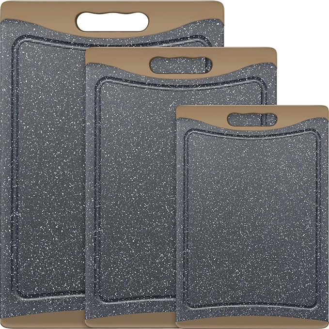 Extra Large Cutting Boards, Plastic Cutting Boards for Kitchen (Set of 3) Cutting Board Set Dishwasher Chopping Board with Juice Grooves Easy-Grip Handles, Brown, Empune by Empune