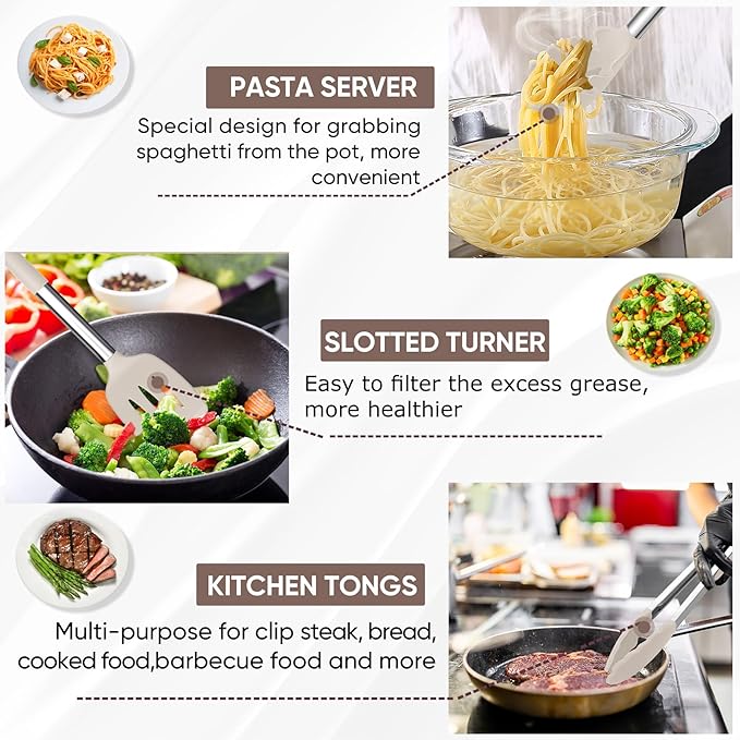 TeamFar Kitchen Utensils Set of 8, Silicone Utensils Kitchen Tools Set with Stainless Steel Handle, for Frying Serving Flipping Draining, Non-toxic & Heatproof, Nonstick & Dishwasher Safe - Khaki - Image 4
