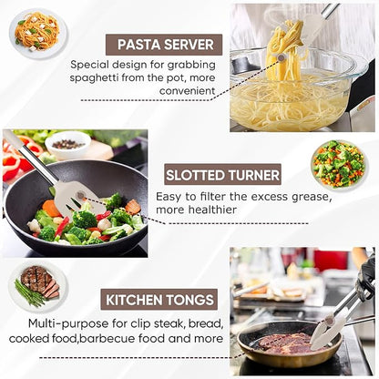TeamFar Kitchen Utensils Set of 8, Silicone Utensils Kitchen Tools Set with Stainless Steel Handle, for Frying Serving Flipping Draining, Non-toxic & Heatproof, Nonstick & Dishwasher Safe - Khaki - Image 4