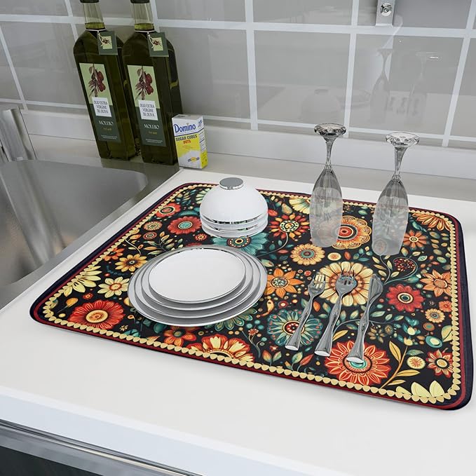 Boho Floral Dish Drying Mat for Kitchen Counter Absorbent Microfiber Flowers Drying Pad 18 X 24 In - Image 6