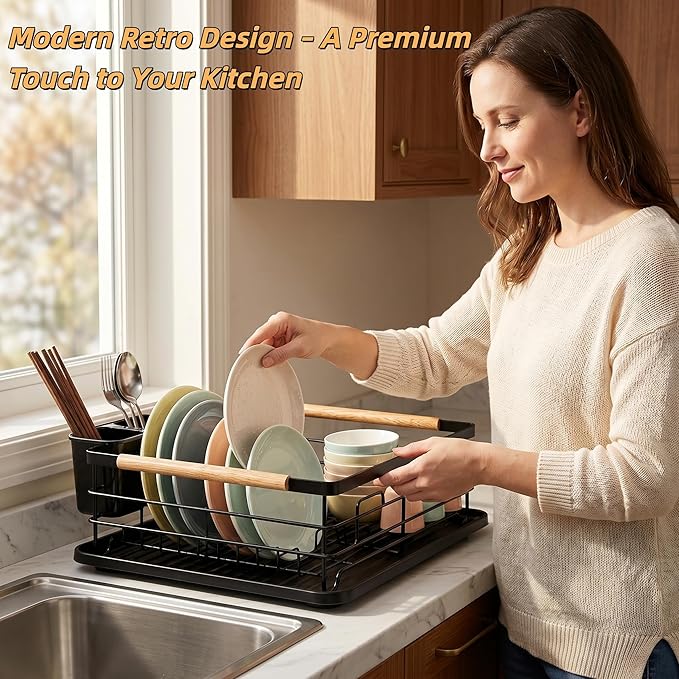 Dish Racks for Kitchen Counter, Thickened Metal Dish Drying Rack with Wooden Handles, Kitchen Countertop Organizer for Dishes, Spoons and Forks, No Assembly, Black, 16.7''*12.6''*5.12'' - Image 2