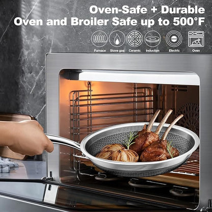 FogDream 8, 10, 12" Stainless Steel Frying Pan, Honeycomb Hybrid Nonstick Skillet for Induction & All Cooktops, PFAS/PFOA/PTFE Free, Oven Safe to 500°F, Stay-Cool Handle, Dishwasher Safe, Silver - Image 6