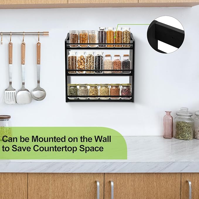 3 Tier Bamboo Spice Rack,Seasoning Jars Rack Shelf Spice Organizer for Kitchen Counter or Wall Mounting (Black) - Image 5