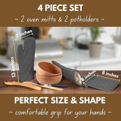 Native Fab Farmhouse Oven Mitts and Pot Holders Set of 4, Heat Resistant Non-Slip Machine Washable, 100% Cotton Kitchen Pot Holders Oven Mitts Sets Grey - Image 2