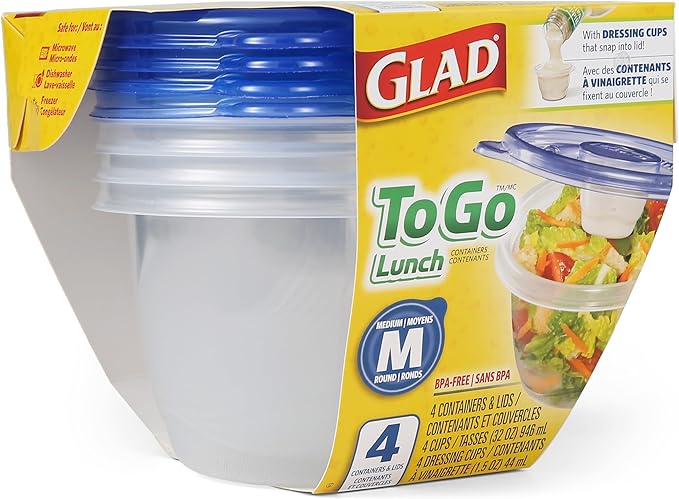 Glad GladWare To Go Lunch Food Storage Containers with Lids, Medium Round BPA Free Plastic with Built-In Dressing Cup for Salads and Lunches, Microwave Dishwasher Safe, 32 Oz, 4 Count - Image 3