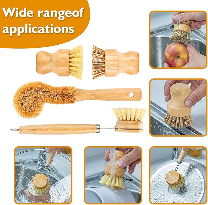 SAMEBUTECO Bamboo Dish Brushes Sets 4 Tools in One Kitchen Clean Dish Scrubber for Pots Pans Bottles with Natural Bristles (Bamboo Brushes Sets) - Image 4