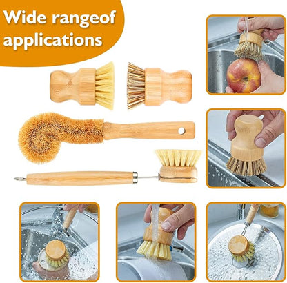 SAMEBUTECO Bamboo Dish Brushes Sets 4 Tools in One Kitchen Clean Dish Scrubber for Pots Pans Bottles with Natural Bristles (Bamboo Brushes Sets) - Image 4