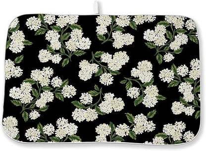 Black Dish Drying Mat 18x24 Inch Green Vintage Floral Hydrangea Flower Drying Mat Spring Summer Seasonal Absorbent Dish Drying Pad Dish Rack Drainer Mats for Kitchen Dining Counter