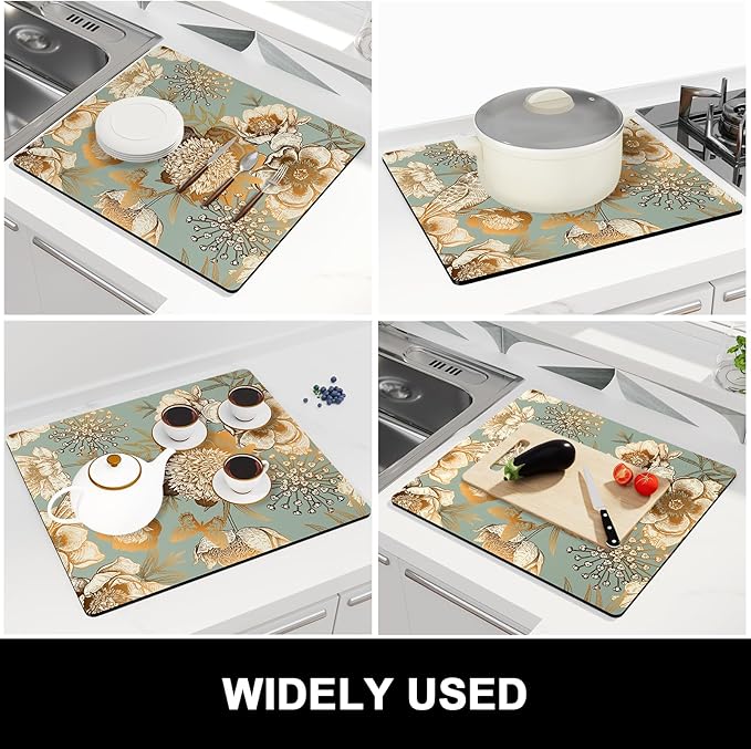 Rnivvi Dish Drying Mat for Kitchen Counter, 16 x 18" Cute Flower Theme Absorbent Heat Resistant Drying Pad with Non-slip Rubber, Coffee Bar Mats for Dish Rack Kitchen Decor Accessories, Green - Image 7