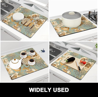 Rnivvi Dish Drying Mat for Kitchen Counter, 16 x 18" Cute Flower Theme Absorbent Heat Resistant Drying Pad with Non-slip Rubber, Coffee Bar Mats for Dish Rack Kitchen Decor Accessories, Green - Image 7