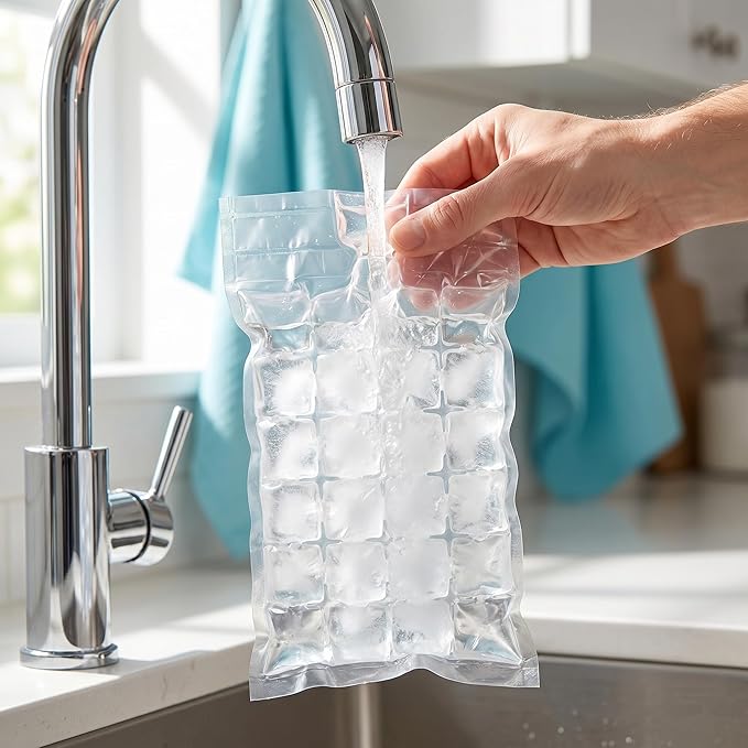 Disposable Ice Bags 100Packs, Self-Seal Mini Ice Cube Trays for Freezer, Refreezable Ice Cubes & Nugget Ice Mold, Reusable Ice Bags with Funnel for Cocktail Wine Food