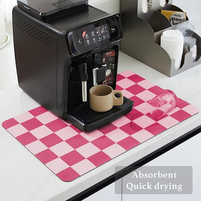 Ohocut Checkered Dish Drying Mat for Kitchen Counter, Coffee Bar Station Accessories, Retro Cute Aesthetic Modern Absorbent Drainer Mat Kitchen Drying Mat Easy Clean, Hot Pink 12" x 19" - Image 4