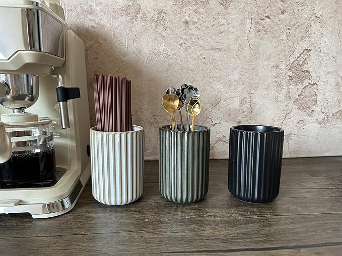 TOPYOKK Stoneware Coffee Bar Utensil Holder Tea & Coffee Spoon & Stirrer Holder for Stir Stick Straw Teaspoon Holder Spoon Cup Small Utensil Jar Fluted Vertical Stripe (Bronze) - Image 2