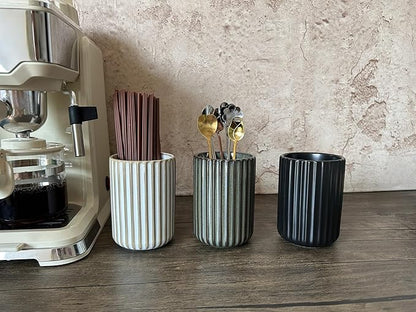 TOPYOKK Stoneware Coffee Bar Utensil Holder Tea & Coffee Spoon & Stirrer Holder for Stir Stick Straw Teaspoon Holder Spoon Cup Small Utensil Jar Fluted Vertical Stripe (Bronze) - Image 2