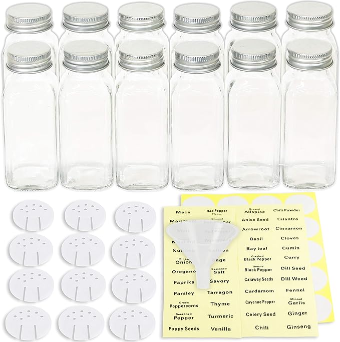 Simple Houseware Spice Jars 6 Ounce Square Glass Bottles with Shaker Lids, Funnel and Labels for Seasoning & Storage, 24 Pack - Image 2