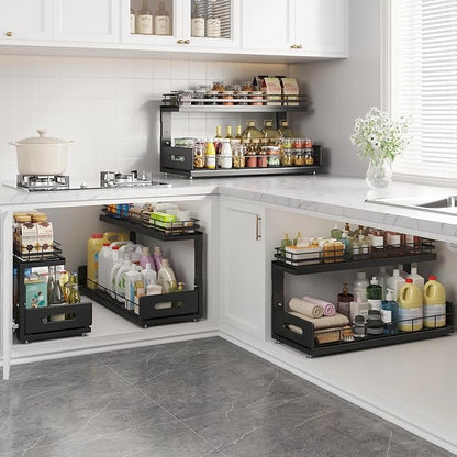 Under Sink Organizer Upgrade To Professional Rails,2-Tier Dual Pull Out Cabinet Storage,Height Adjustable Slide Out Drawers For Bathroom Kitchen,1 Pack-21"Dx12.8"-16.9"H,Black - Image 7