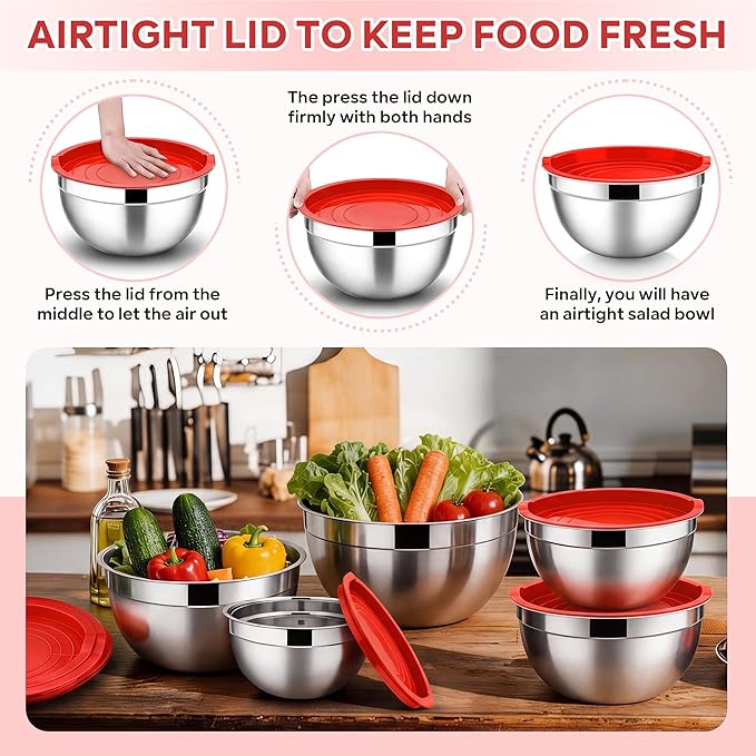 E-far Mixing Bowls With Lids Sets of 5, 10-Piece Stainless Steel Salad Metal Nesting Bowl for Baking Cooking and Prepping, Airtight Lid & Stackable Design, Size 4.6, 3, 2.1, 1.5, 0.7 QT, Red - Image 6