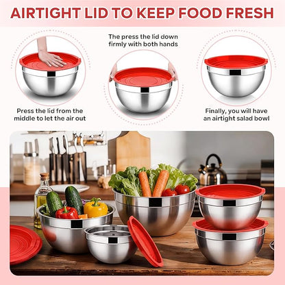 E-far Mixing Bowls With Lids Sets of 5, 10-Piece Stainless Steel Salad Metal Nesting Bowl for Baking Cooking and Prepping, Airtight Lid & Stackable Design, Size 4.6, 3, 2.1, 1.5, 0.7 QT, Red - Image 6