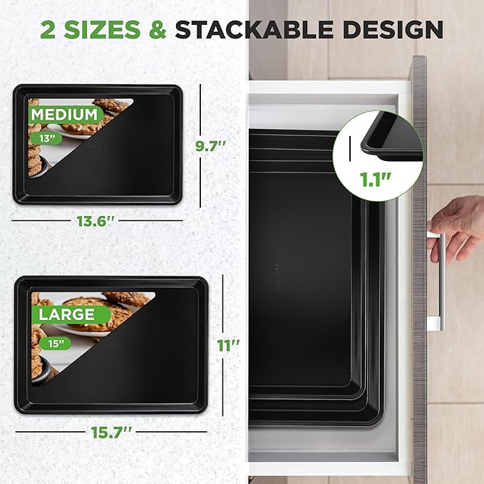 NutriChef 2-Piece Baking Sheet Non Stick - Premium Carbon Steel Cookie Sheets for Baking - Large and Medium Baking Trays for Oven - Black - Image 3