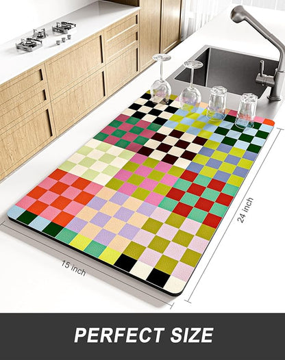 Rnivvi Dish Drying Mat for Kitchen Counter, XL 15 x 24" Cute Checkered Absorbent Draining Pad, Non-Slip Heat Resistant Coffee Bar Mats for Coffee Machine Station Accessories, Colorful Dish Rack Pad - Image 2