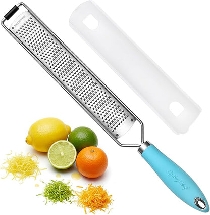 Spring Chef Stainless Steel Lemon Zester Grater with Handle - Garlic, Cheese, Parmesan, Nutmeg, Lime, Ginger Grater - Heavy Duty Kitchen Tool - Citrus Zester with Blade Cover - Fine Shred - Aqua Sky
