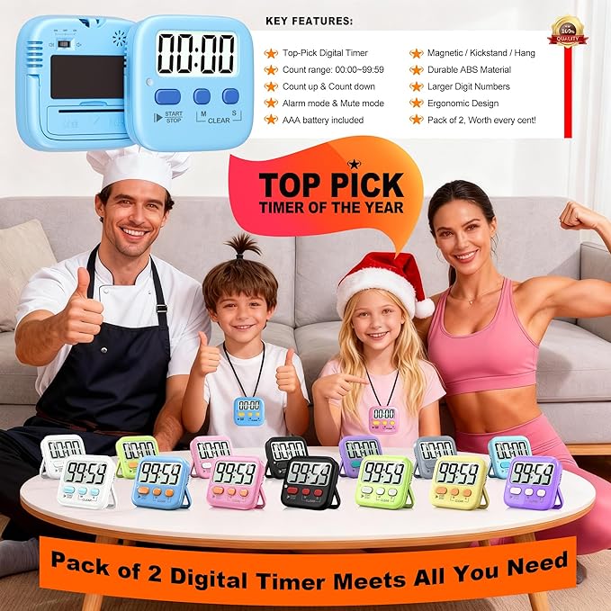 Antonki 2 Pack Digital Timer for Kids, Magnetic Countdown Kitchen Timers for Cooking, Egg, Classroom, Teacher, Exercise, Study, Oven - Battery Included - Image 8