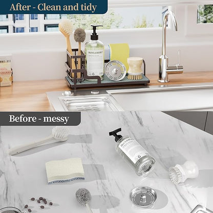 Consumest Sponge Holder for Kitchen Sink - Sink Caddy Organizer with Water Absorbing Stone Tray, Detachable Brush Holder, Stainless Steel Kitchen Counter Organizer Rack, Bronze - Image 4