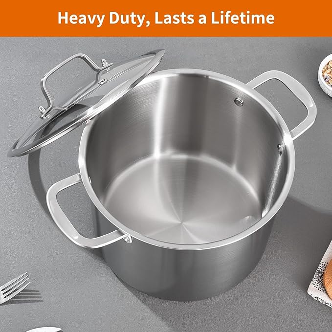 DELARLO Tri-Ply Stainless Steel Soup Pot 12QT, Tri-ply Big Pots for Cooking, 18/10 whole clad Stainless Steel Pot, Fast Even Heat, 12 QT Stock cookware with Lid, Pasta Pot, Induction Ready Up to 600℉ - Image 6