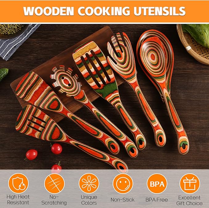 7Pcs Pakkawood Kitchen Utensils Set for Cooking, Wooden Spoons for Cooking, Safe Eco-Friendly, Non-Stick, Wooden Utensil for Cooking,Wooden Cookware Set, Housewarming Kitchen Gifts, Colorful
