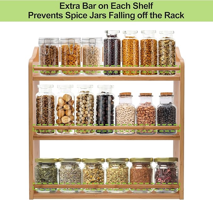 3 Tier Bamboo Spice Rack, Seasoning Jars Rack Shelf Spice Organizer for Kitchen Counter or Wall Mounting - Image 5
