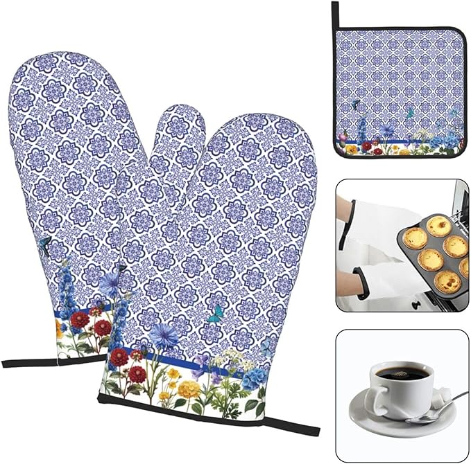Blue Chinoiserie Oven Mitts Heat Resistant,Cute Floral Pot Holders and Kitchen Mitts, Heat Resistant Non-Slip Baking Golves Hot Pads for Cooking BBQ Grilling,Housewarming Gifts for Women Hostress