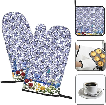 Blue Chinoiserie Oven Mitts Heat Resistant,Cute Floral Pot Holders and Kitchen Mitts, Heat Resistant Non-Slip Baking Golves Hot Pads for Cooking BBQ Grilling,Housewarming Gifts for Women Hostress